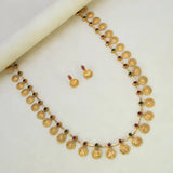 Traditional Antique Lakshmi Kasu Kemp Long Chain Set featuring gold Goddess Lakshmi coins and colored Kemp stones.