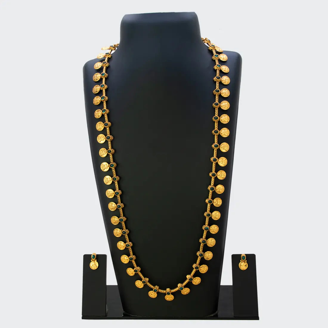 Antique Kemp Stone Lakshmi Kasu Long Necklace Set - Green