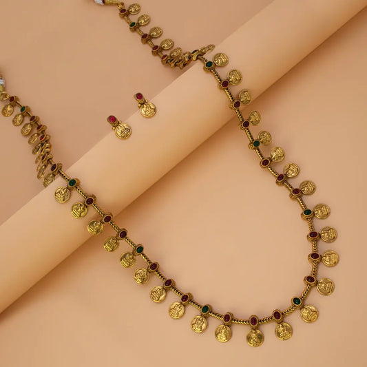 Antique Kemp Stone Lakshmi Kasu Long Necklace Set - Multi