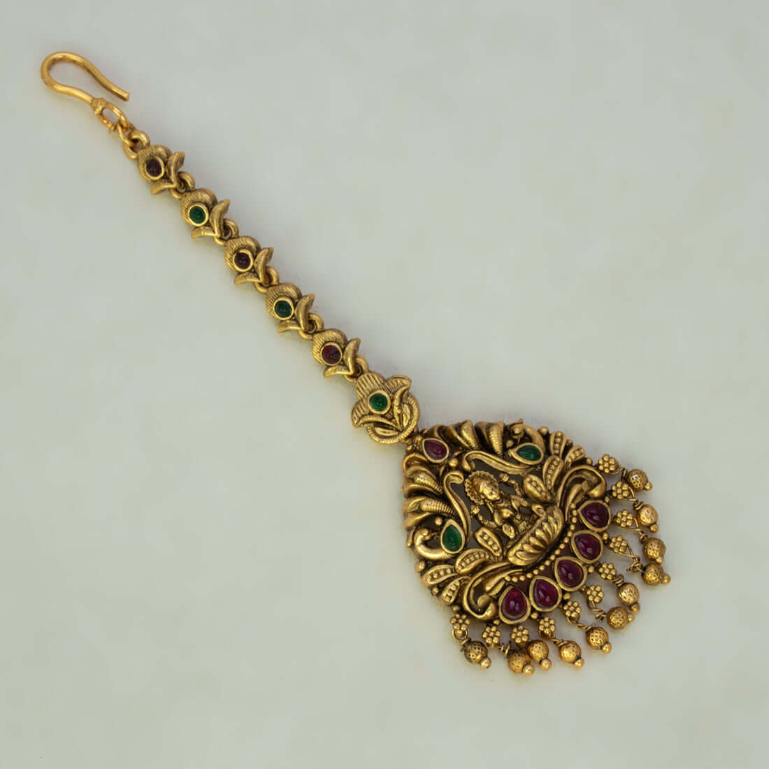 Antique Lakshmi Peacock Kemp Stone Maang Tikka -Multicolour