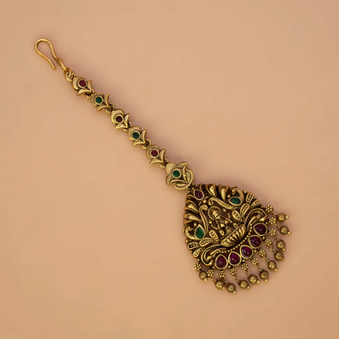 Antique Lakshmi Peacock Kemp Stone Maang Tikka -Multicolour