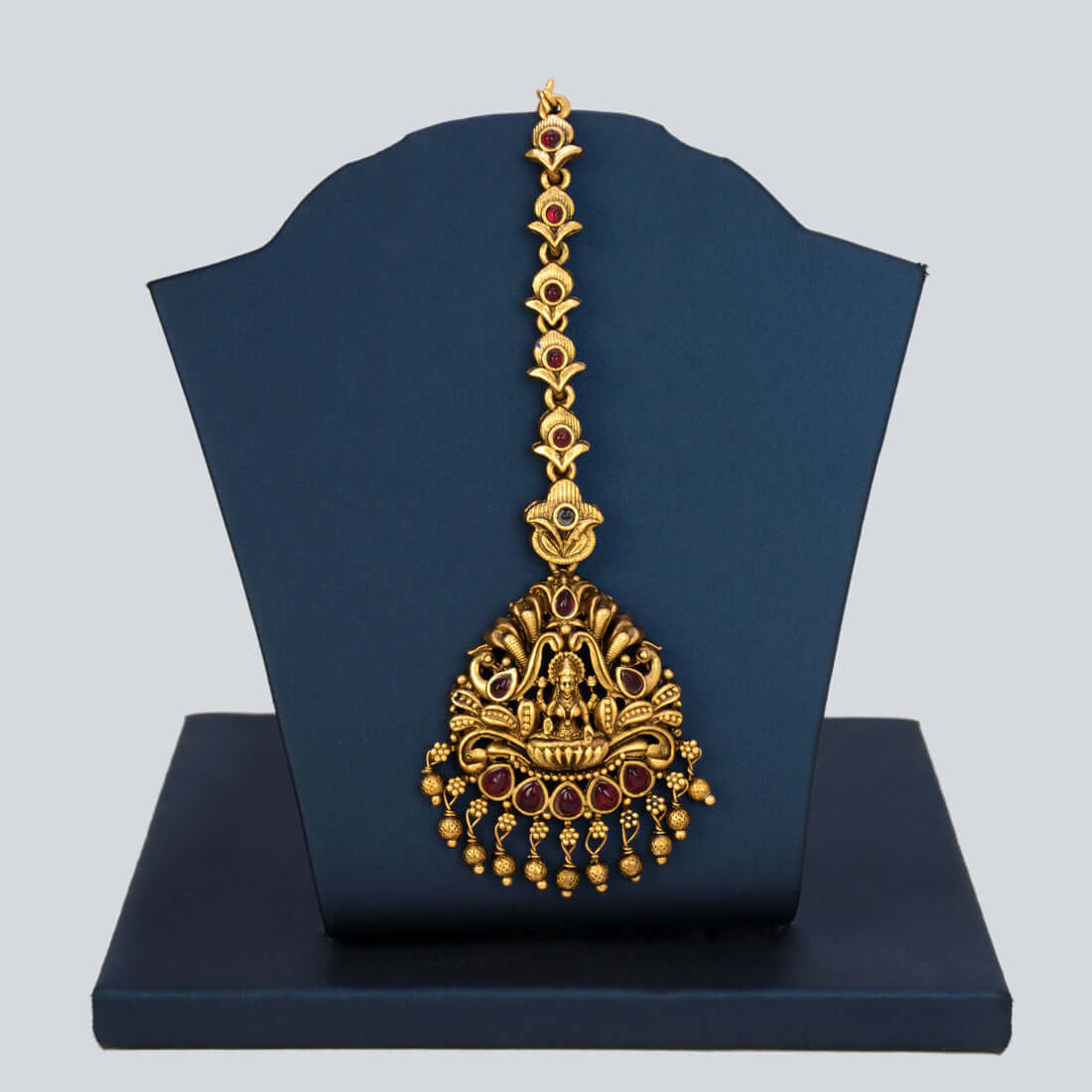 Antique Lakshmi Peacock Kemp Stone Maang Tikka - Ruby red