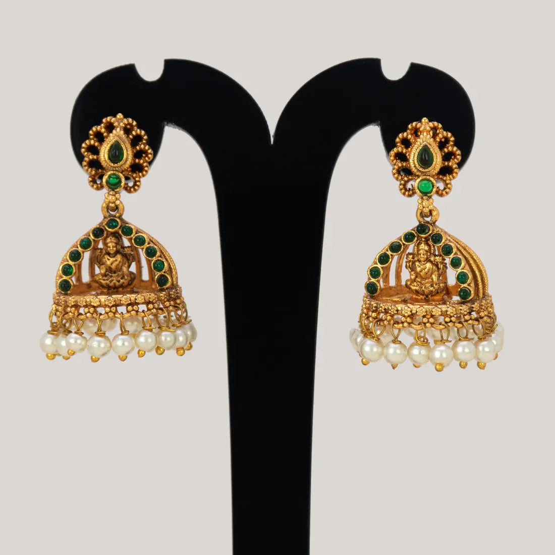 Antique Gold Plated Kemp Lakshmi Temple Jhumka - Green