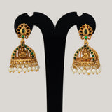 Antique Gold Plated Kemp Lakshmi Temple Jhumka - Green
