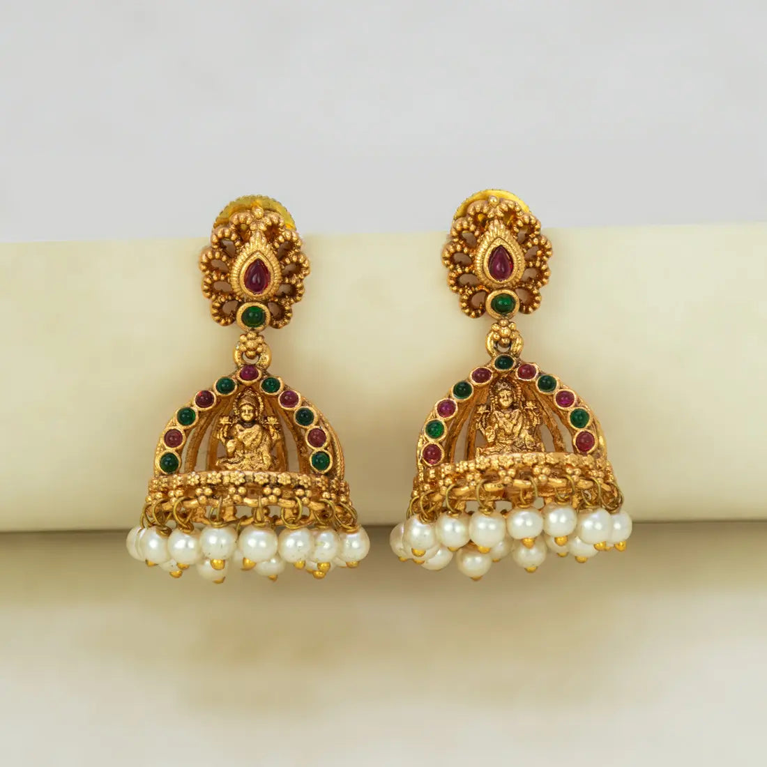 Antique Gold Plated Kemp Lakshmi Temple Jhumka - Multi-colour