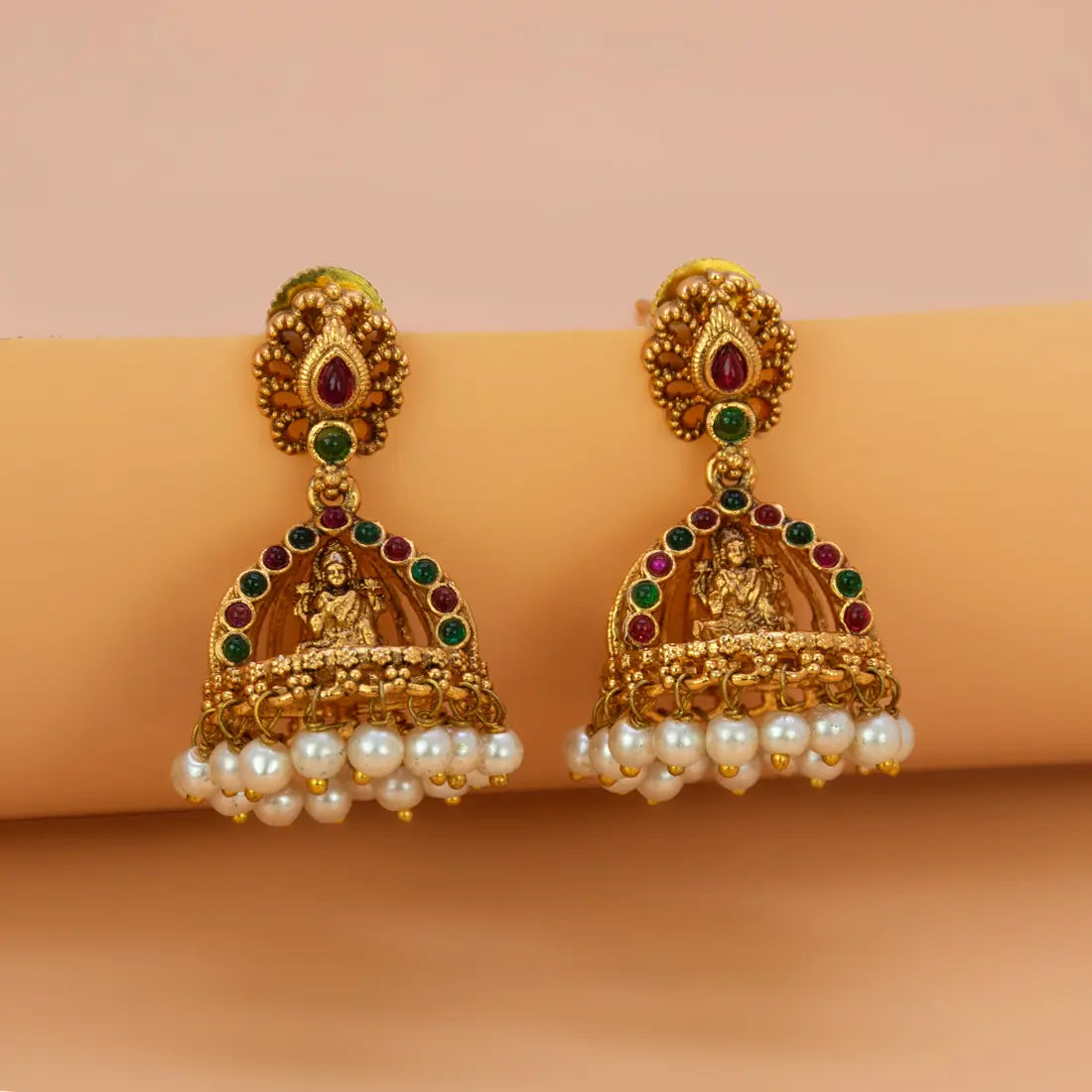 Antique Gold Plated Kemp Lakshmi Temple Jhumka - Multi-colour