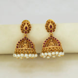 Antique Gold Plated Kemp Lakshmi Temple Jhumka - Ruby Red