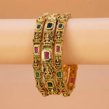 Antique Gold Plated Lakshmi Multi-Colour Stone Bangle Set