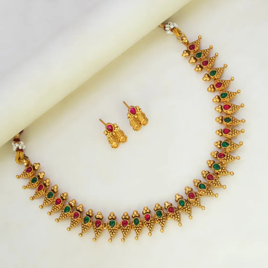 Antique Mango Design Kemp Stone Necklace Set - Multi colour