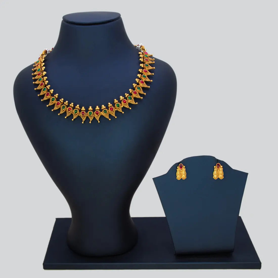 Antique Mango Design Kemp Stone Necklace Set - Multi colour