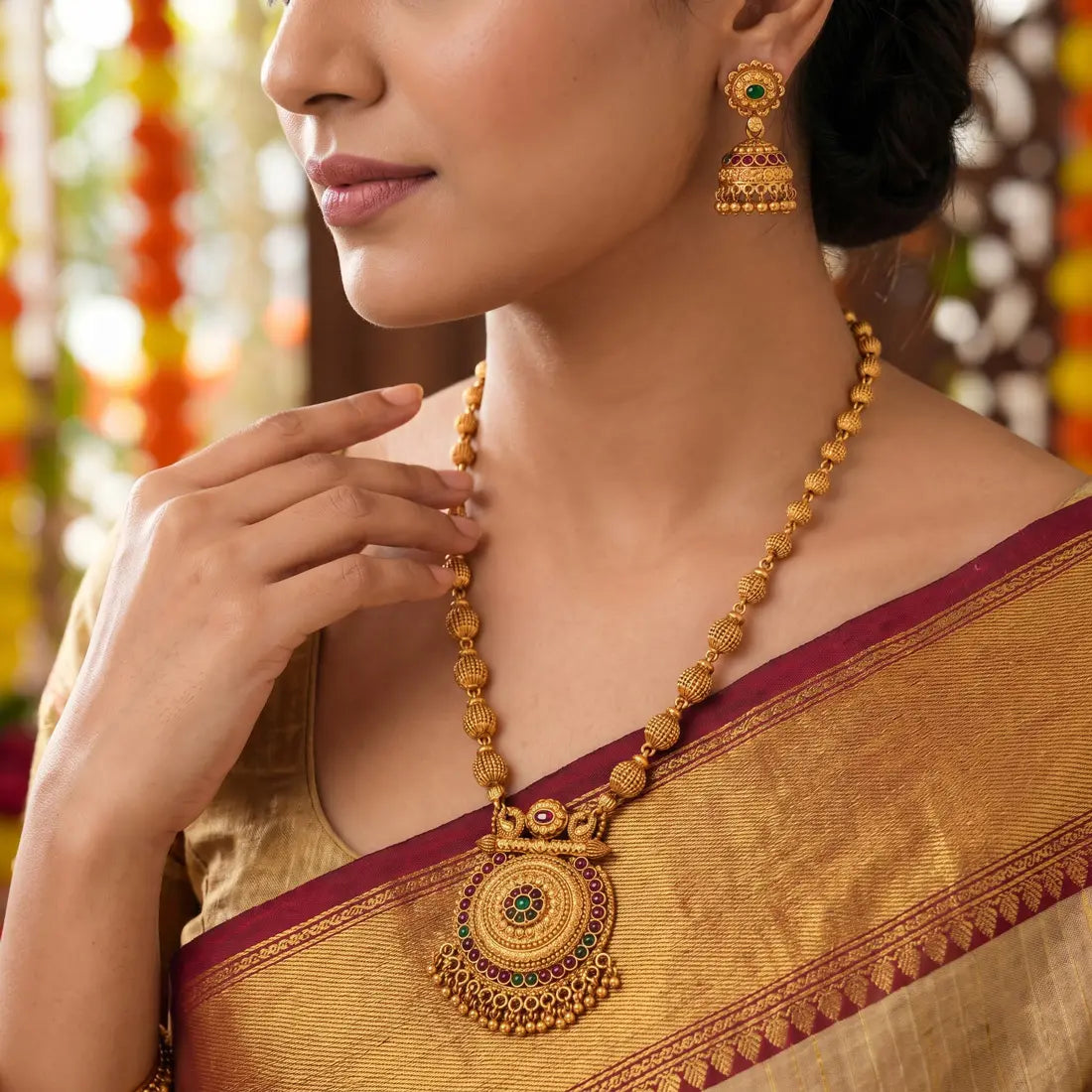 ആന്റിക് ഗോൾഡ് പ്ലേറ്റഡ് മാമ്പഴം മയിൽ വധുവിന്റെ ആഭരണ സെറ്റ്