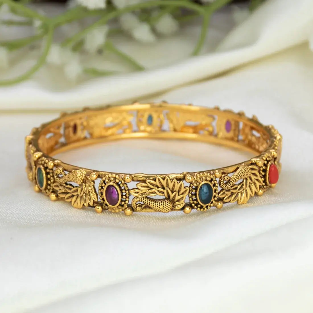 Antique Gold-Plated Peacock 5-Color Stone Bangle