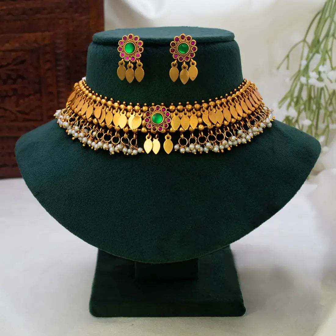 Antique Kemp Pearl Hanging Kerala Elakkathali Choker Set featuring vibrant gemstones and intricate pearl detailing.