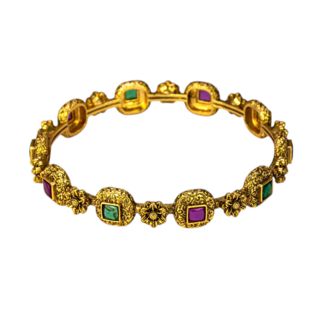 Bridal Antique Gold Plated Floral Ruby Emerald Bangle
