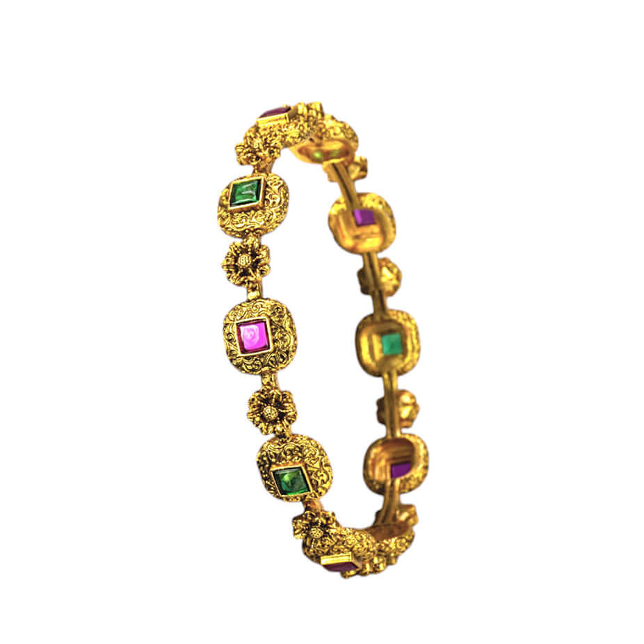Bridal Antique Gold Plated Floral Ruby Emerald Bangle
