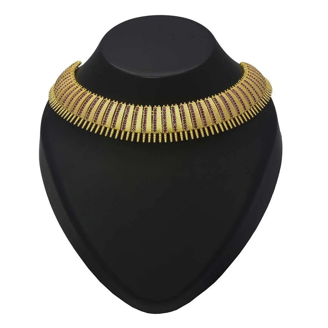 Antique Gold Plated Broad Matte Finish Ruby Necklace displayed on a black neck stand, showcasing intricate design.