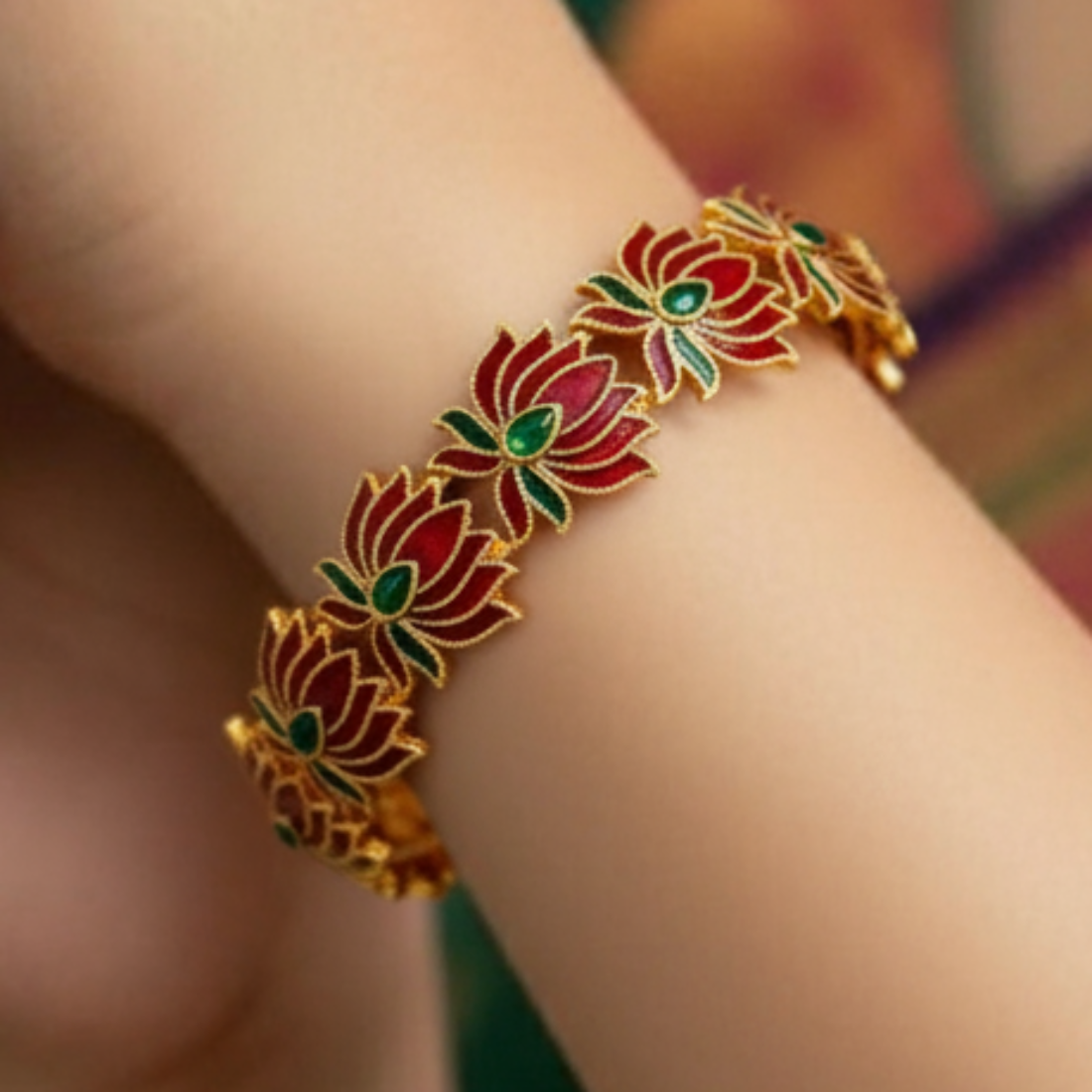 Trendy Matte Gold Plated Stone Studded Lotus Bangle