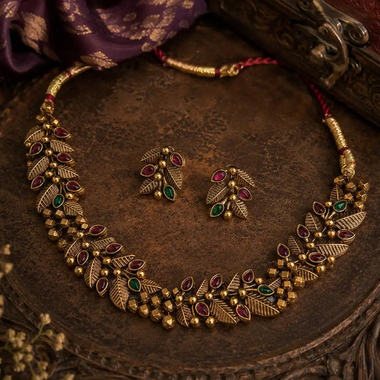 Antique Gold Plated Leaf Kemp Stone Necklace Set- Multi