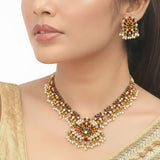 Antique Gold Plated Multi-Colour Kemp Lotus Necklace Set