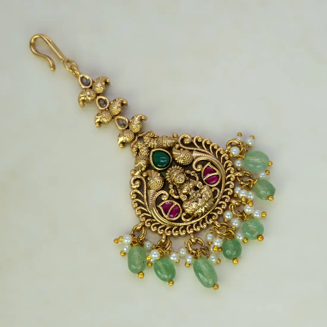 Antique Lakshmi Kemp Stone Pearl Hanging Maang Tikka