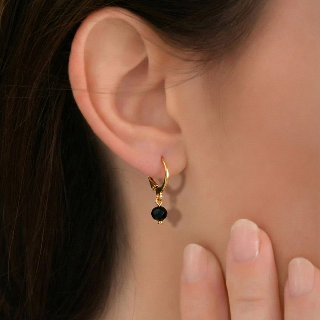 Black Crystal Charm Golden Huggies Hoop Earrings