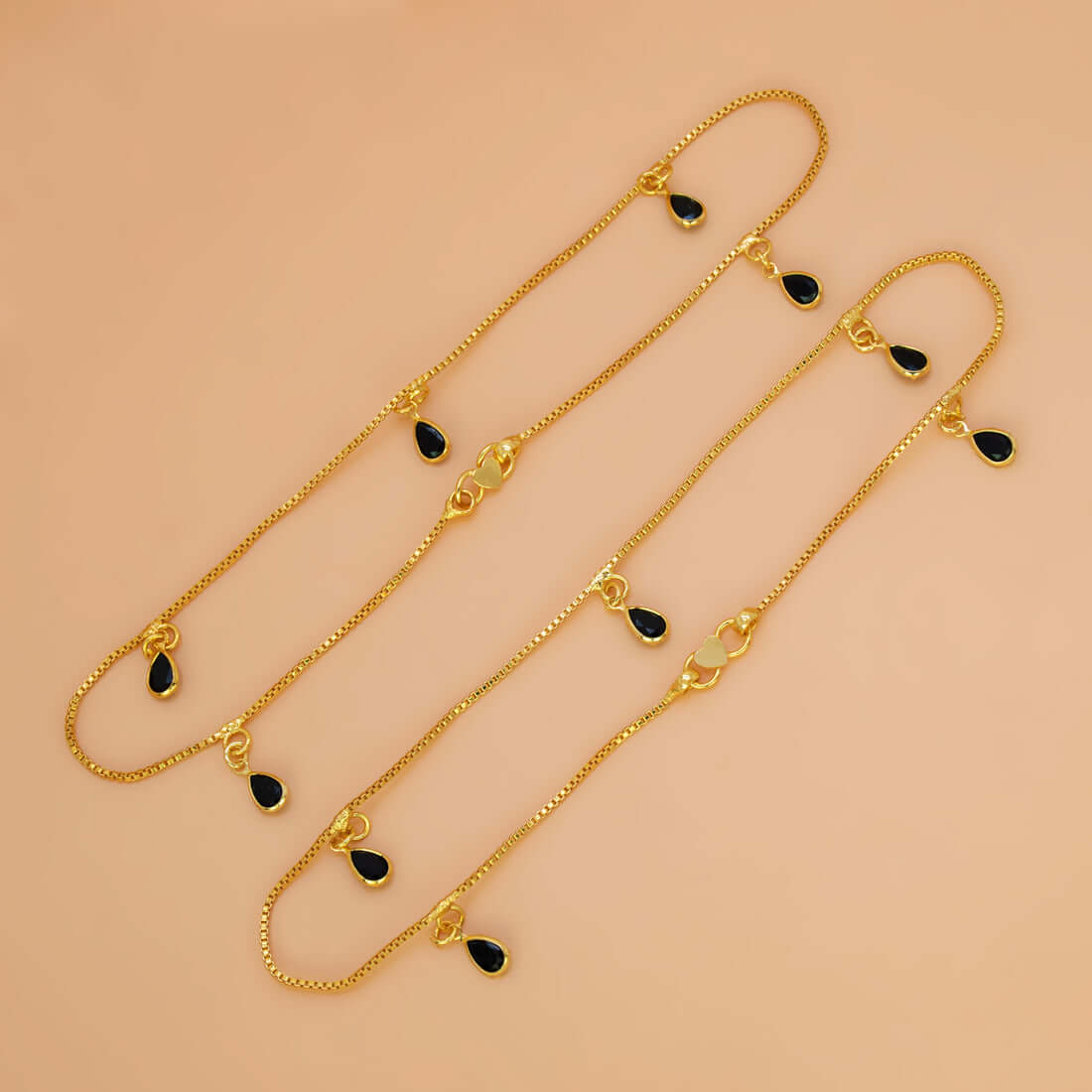Gold Plated Black Teardrop Crystal Hanging Anklets