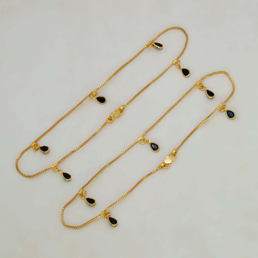 Gold Plated Black Teardrop Crystal Hanging Anklets
