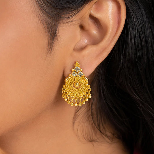 Gold Plated Bead Hanging Mesh CZ Stone Studs
