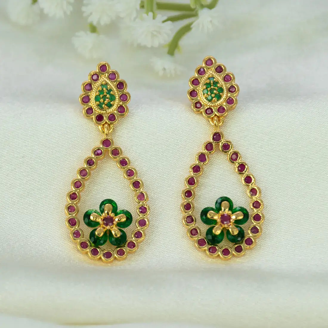 Gold-Plated Big Teardrop Floral Stone Drop Earrings