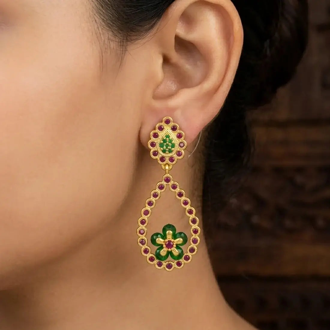 Gold-Plated Big Teardrop Floral Stone Drop Earrings