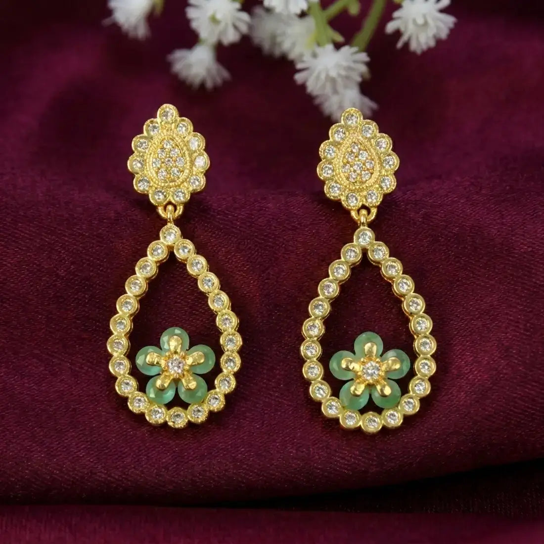 Gold-Plated Big Teardrop Floral Stone Drop Earrings