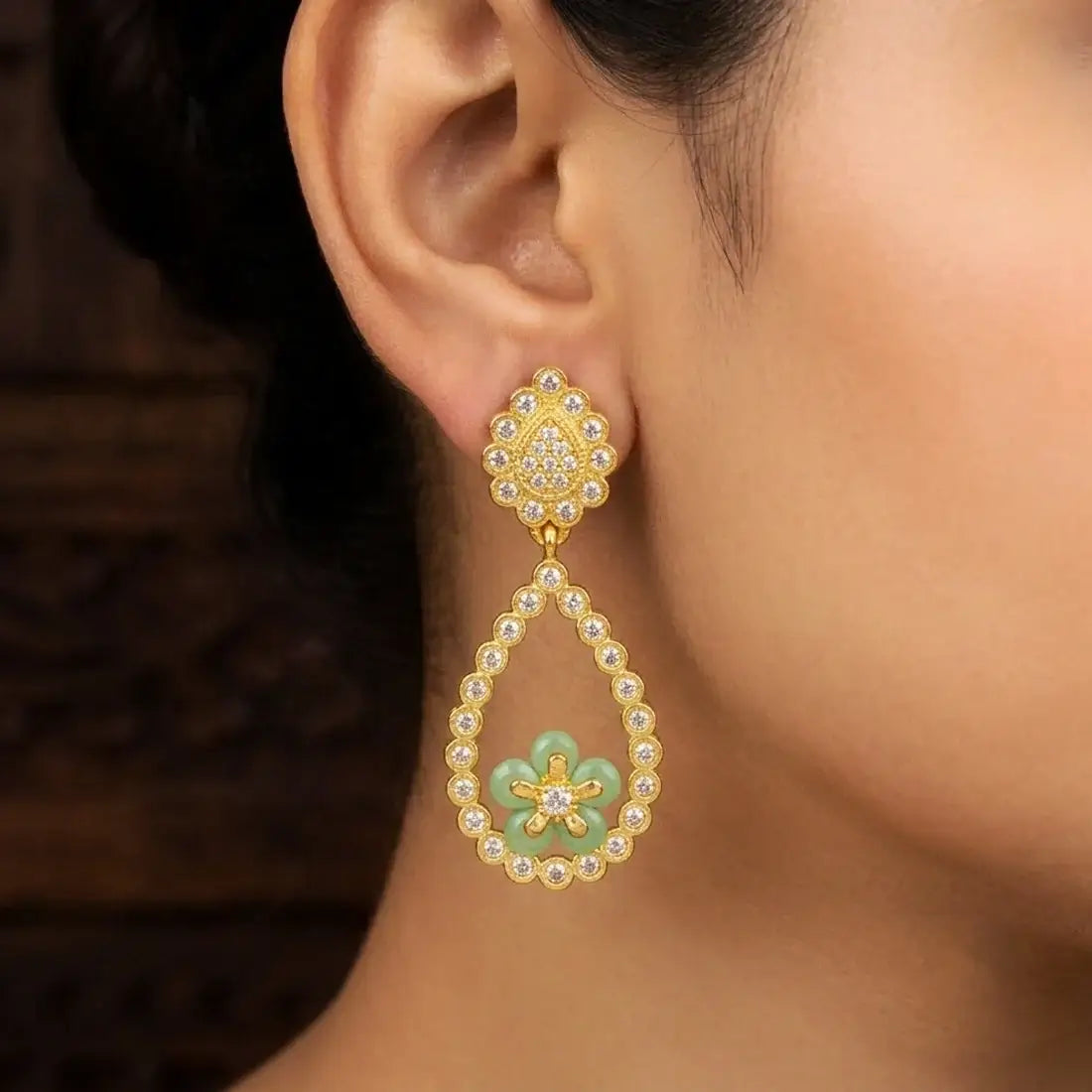 Gold-Plated Big Teardrop Floral Stone Drop Earrings