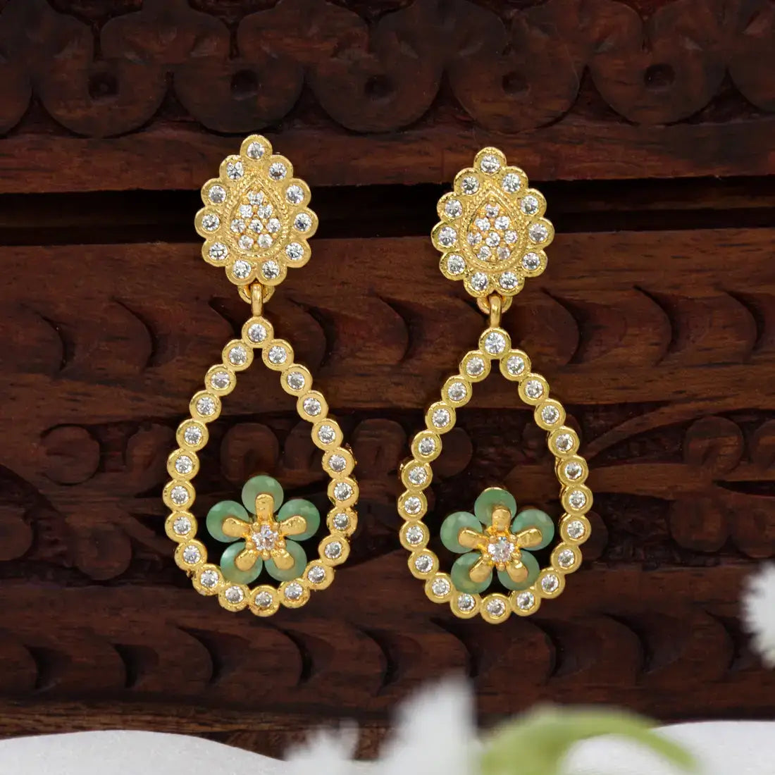 Gold-Plated Big Teardrop Floral Stone Drop Earrings