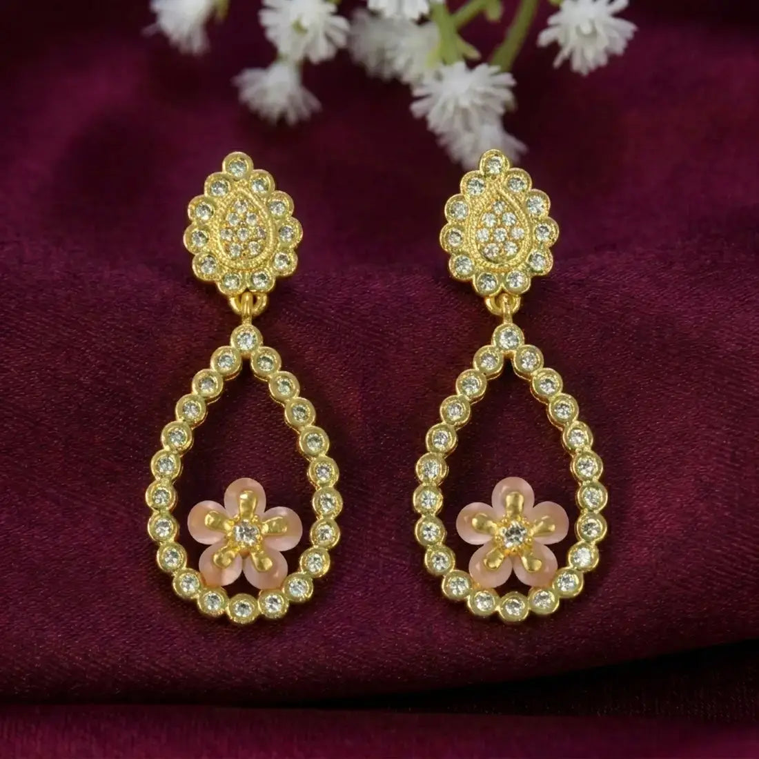 Gold-Plated Big Teardrop Floral Stone Drop Earrings
