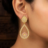 Gold-Plated Big Teardrop Floral Stone Drop Earrings