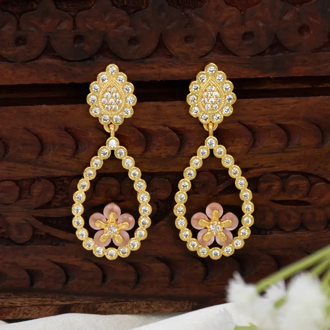 Gold-Plated Big Teardrop Floral Stone Drop Earrings