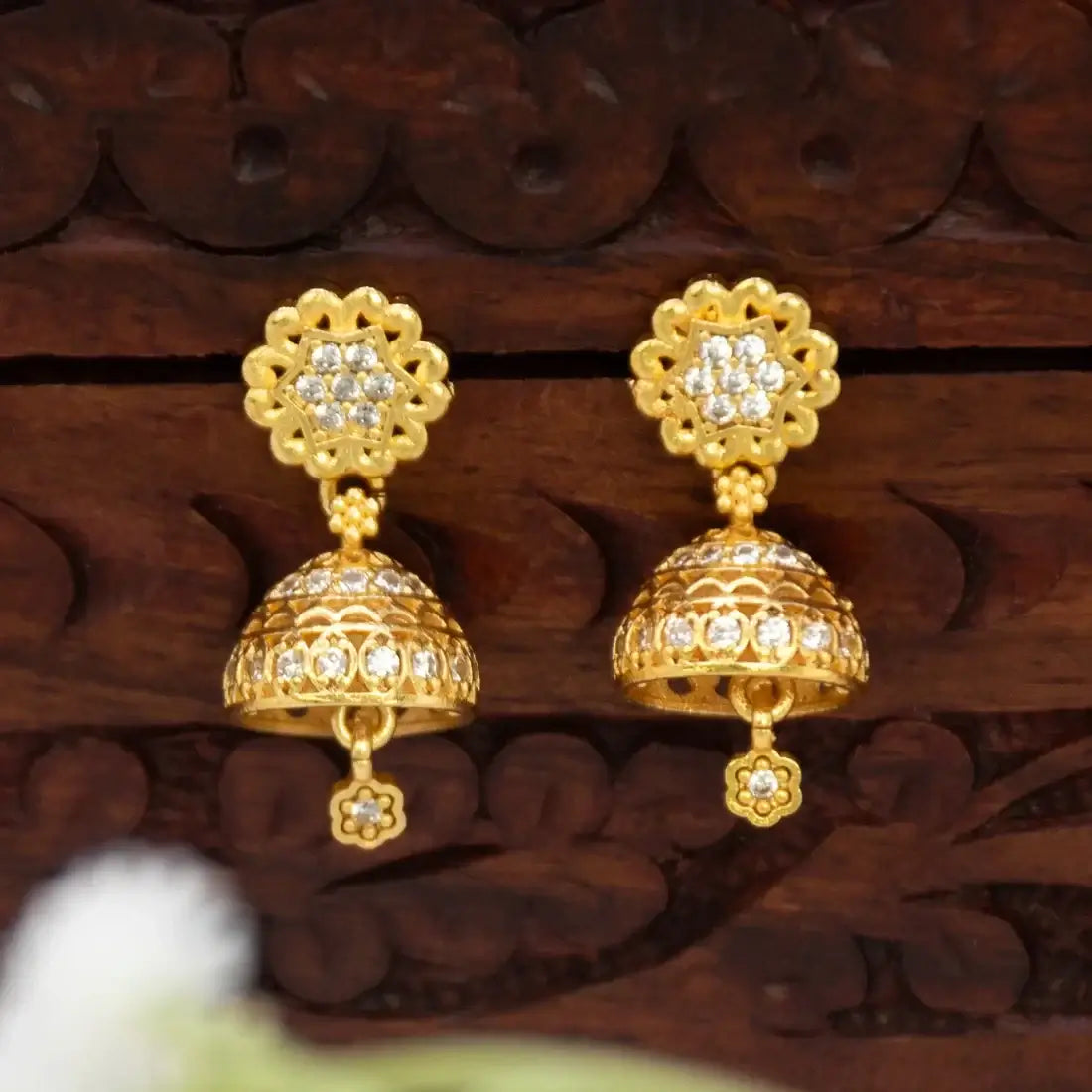 CZ Stone Floral Gold Plated Jhumka Earrings