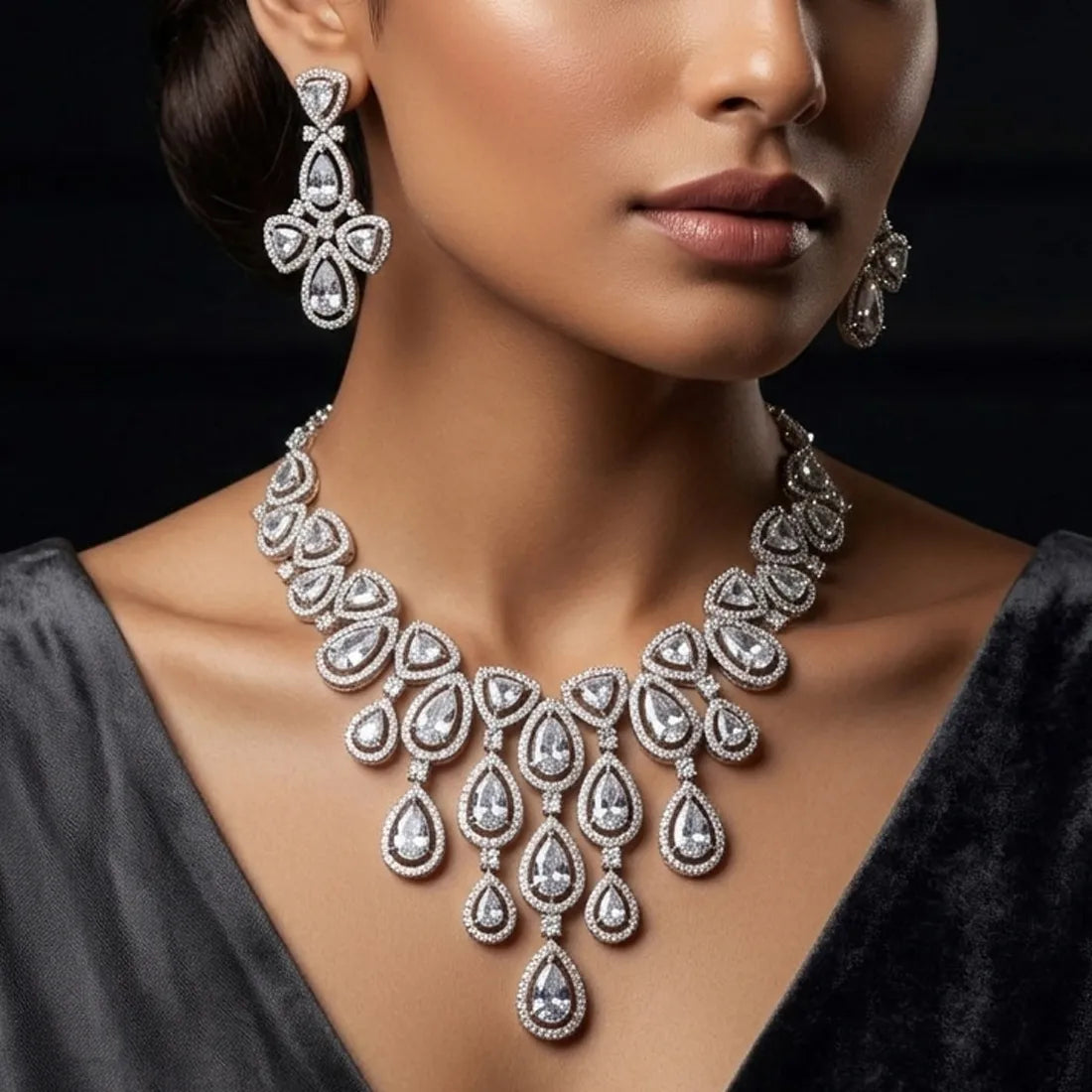 Rhodium-Plated CZ Stone Bridal Necklace Set