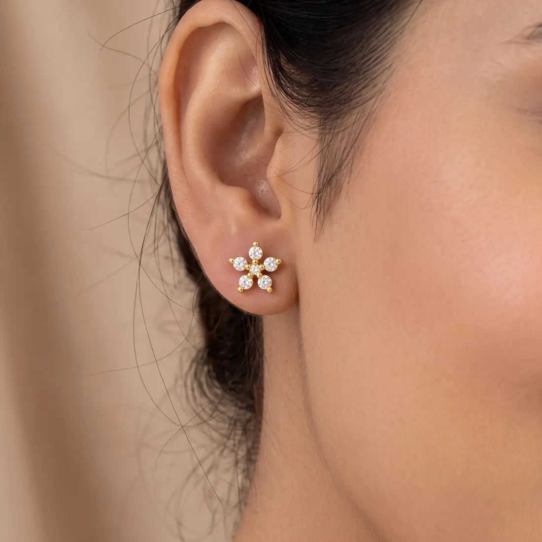 CZ Stone Small Floral Stud Earrings — Gold Plated