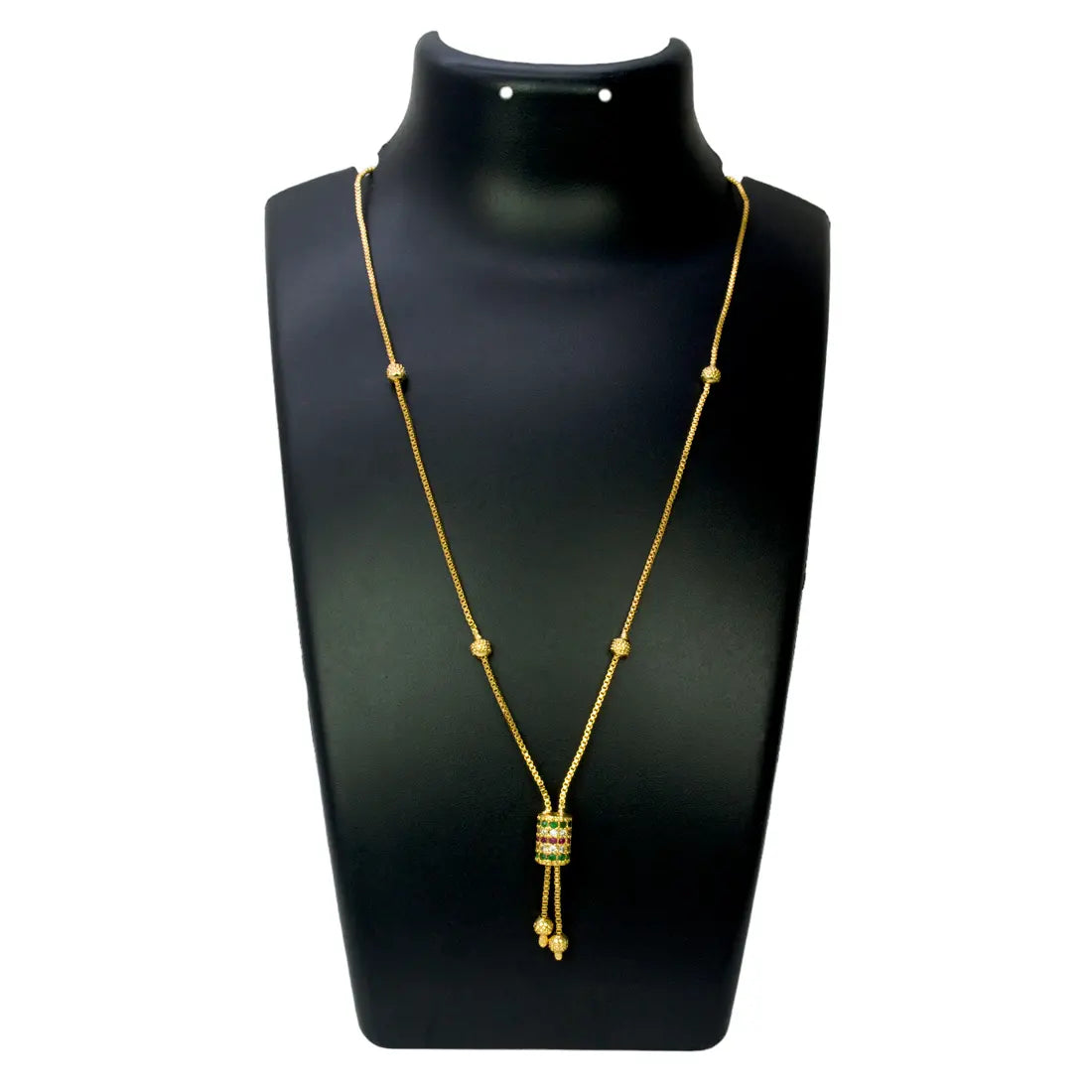 Elegant Gold Plated Cylindrical Stone Pendant Chain with ruby and emerald accents on display.