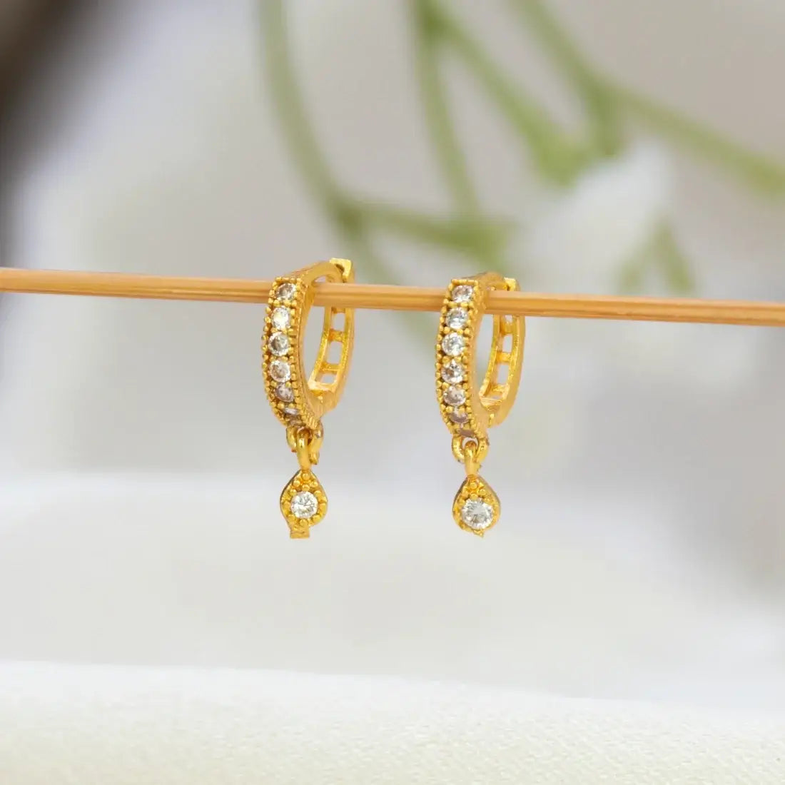 Gold Plated CZ Huggie Hoop Drop Earrings