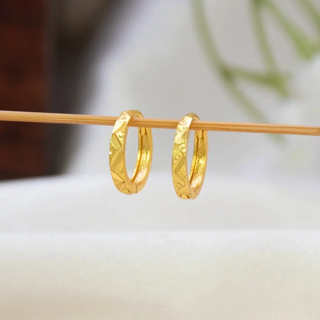 Gold Plated Geometric Engraved Hoop Earrings