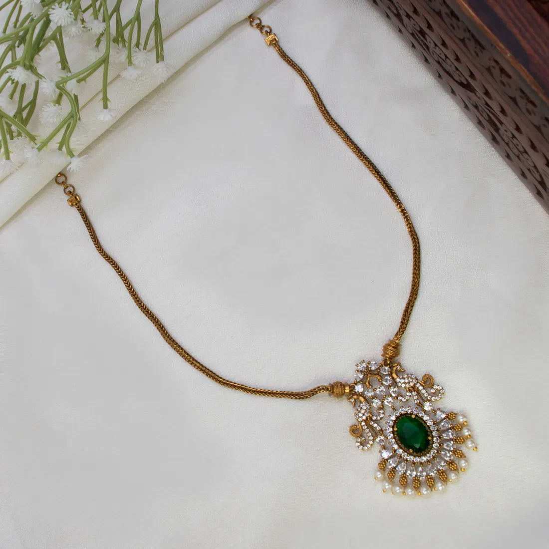 Victorian Antique Gold Peacock Stone Pendant Necklace
