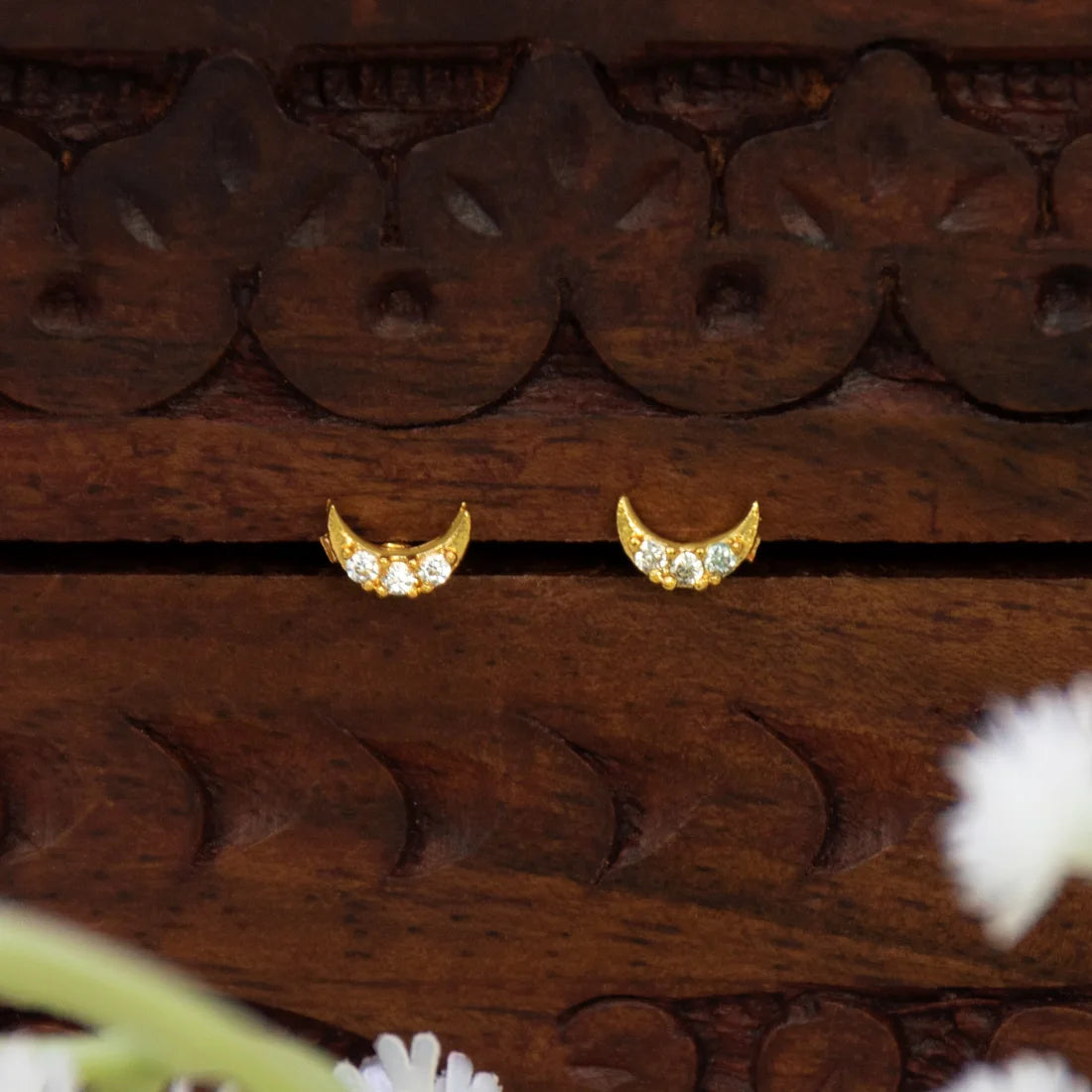 Gold-Plated CZ Crescent Moon Second Stud Earrings