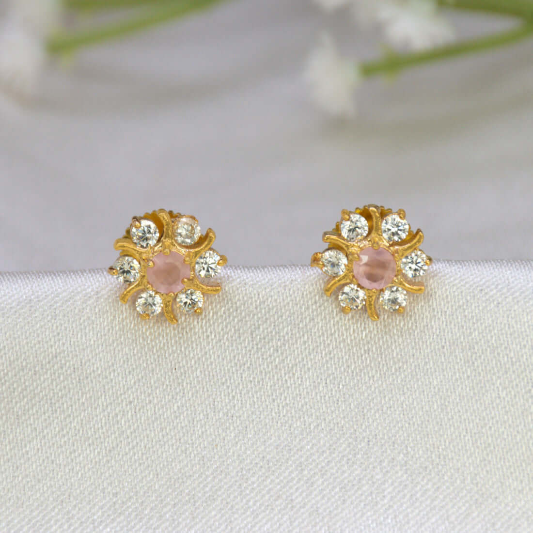 Gold Plated Pastel Central Stone CZ Flower Studs featuring pink center and sparkling white stones.