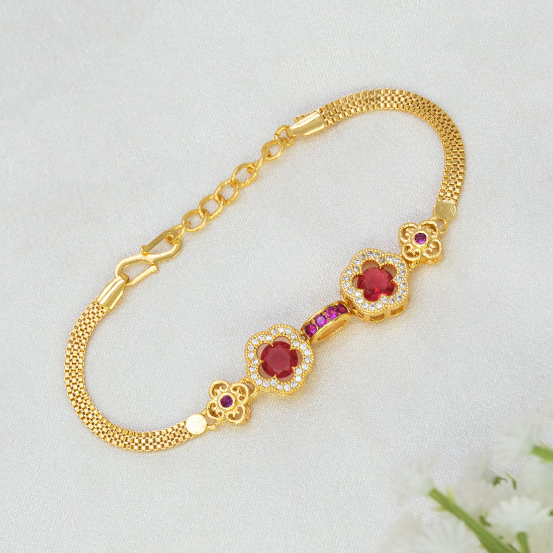 Gold Plated Mesh Chain Floral Stone Bracelet