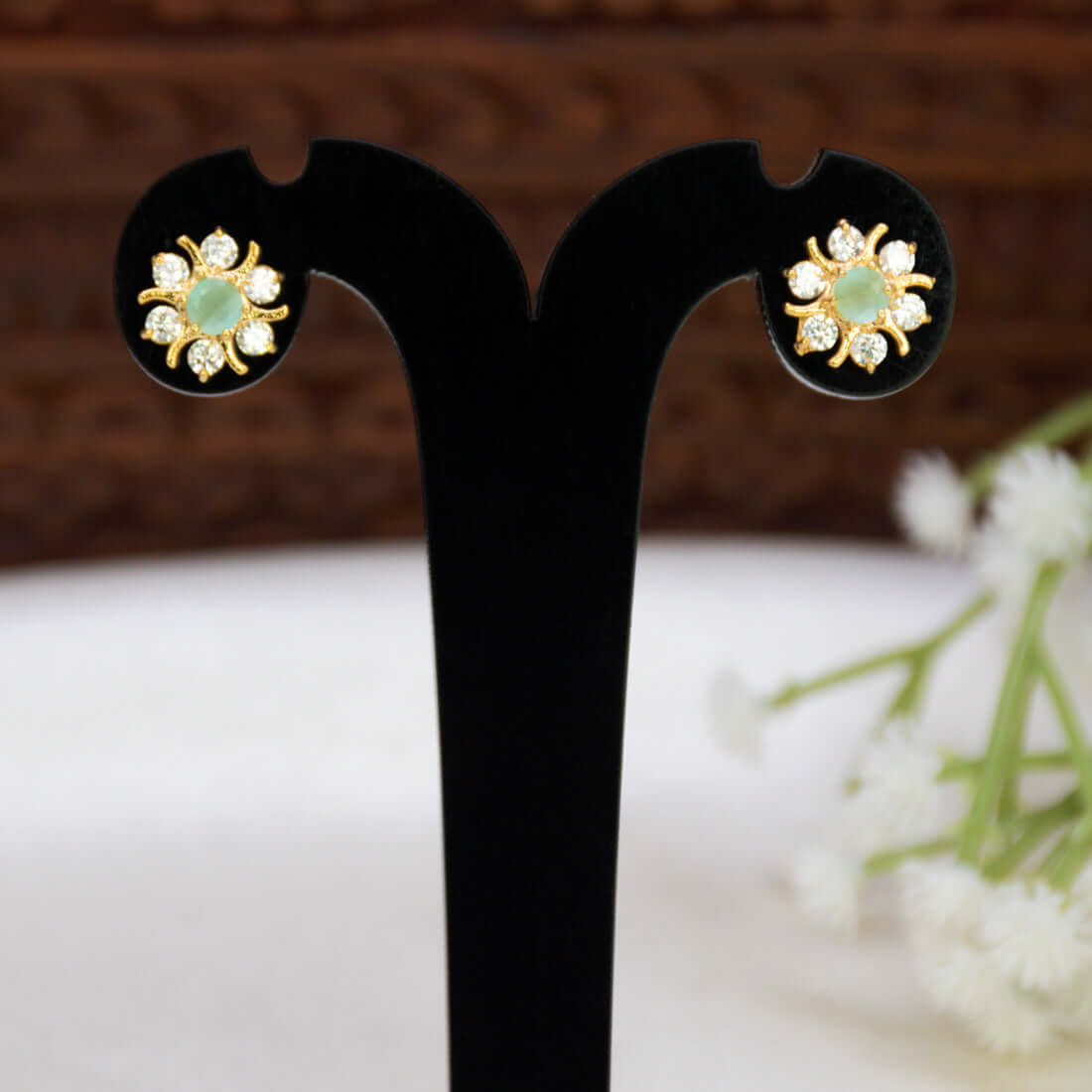 Gold Plated Pastel Central Stone CZ Flower Studs featuring mint green center stone and sparkling stones.