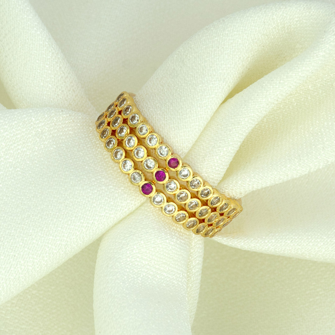 Stylish Gold Plated Triple Row CZ Ruby Finger Ring