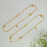 Delicate Gold-Plated Crystal Star Charm Anklets with small bow and star charms, arranged diagonally on a light textured background with white flowers in the corner.