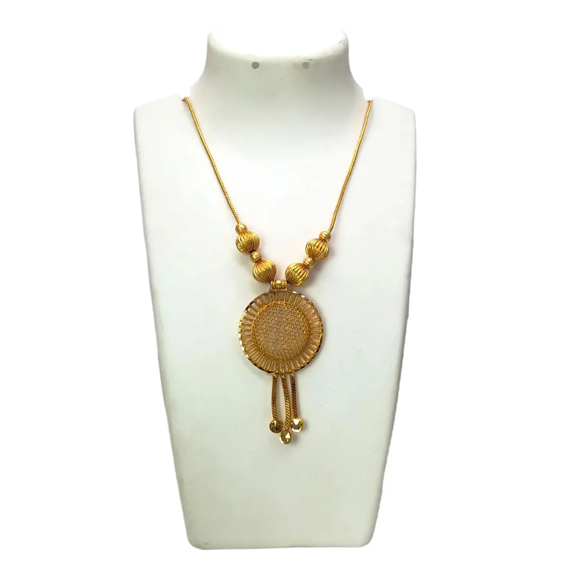 Beautiful Gold Plated Chain With Big Round Floral Pendant displayed on a necklace stand.